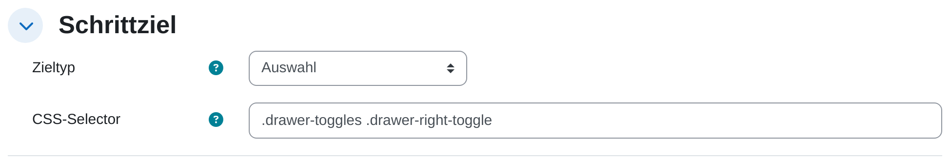 Formularabschnitt „Schrittziel“ mit dem Auswahlfeld „Zieltyp“, das auf „Auswahl“ steht, und dem darunter eingeblendeten Feld „CSS-Selector“ mit einem eingetragenen Selektor.