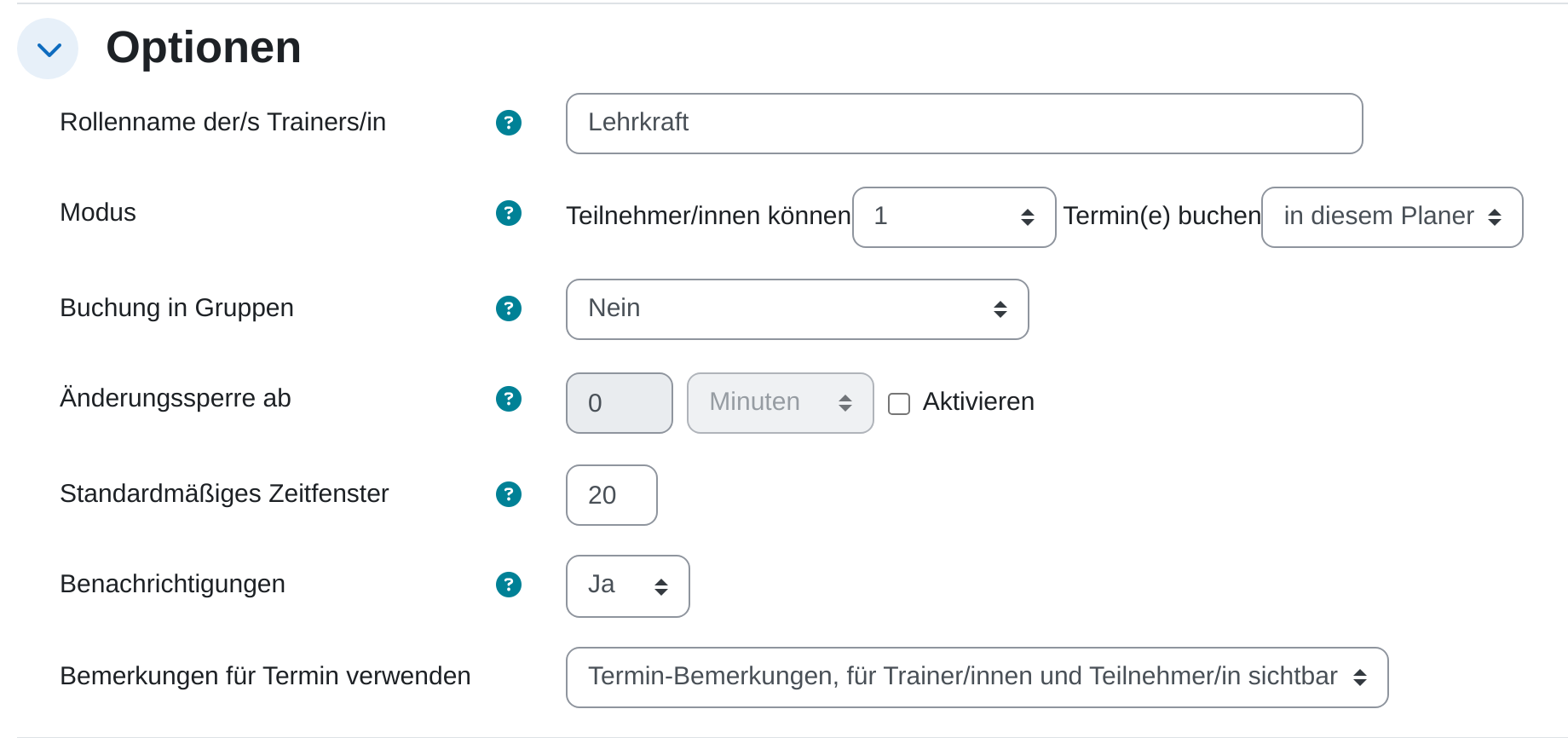 Einstellungsabschnitt „Optionen“ mit Rollenname der/s Trainers/in, der Modus-Zeile „Teilnehmer/innen können 1 Termin(e) buchen in diesem Planer“, Buchung in Gruppen, Änderungssperre ab, Standardmäßiges Zeitfenster, Benachrichtigungen und Bemerkungen für Termin verwenden