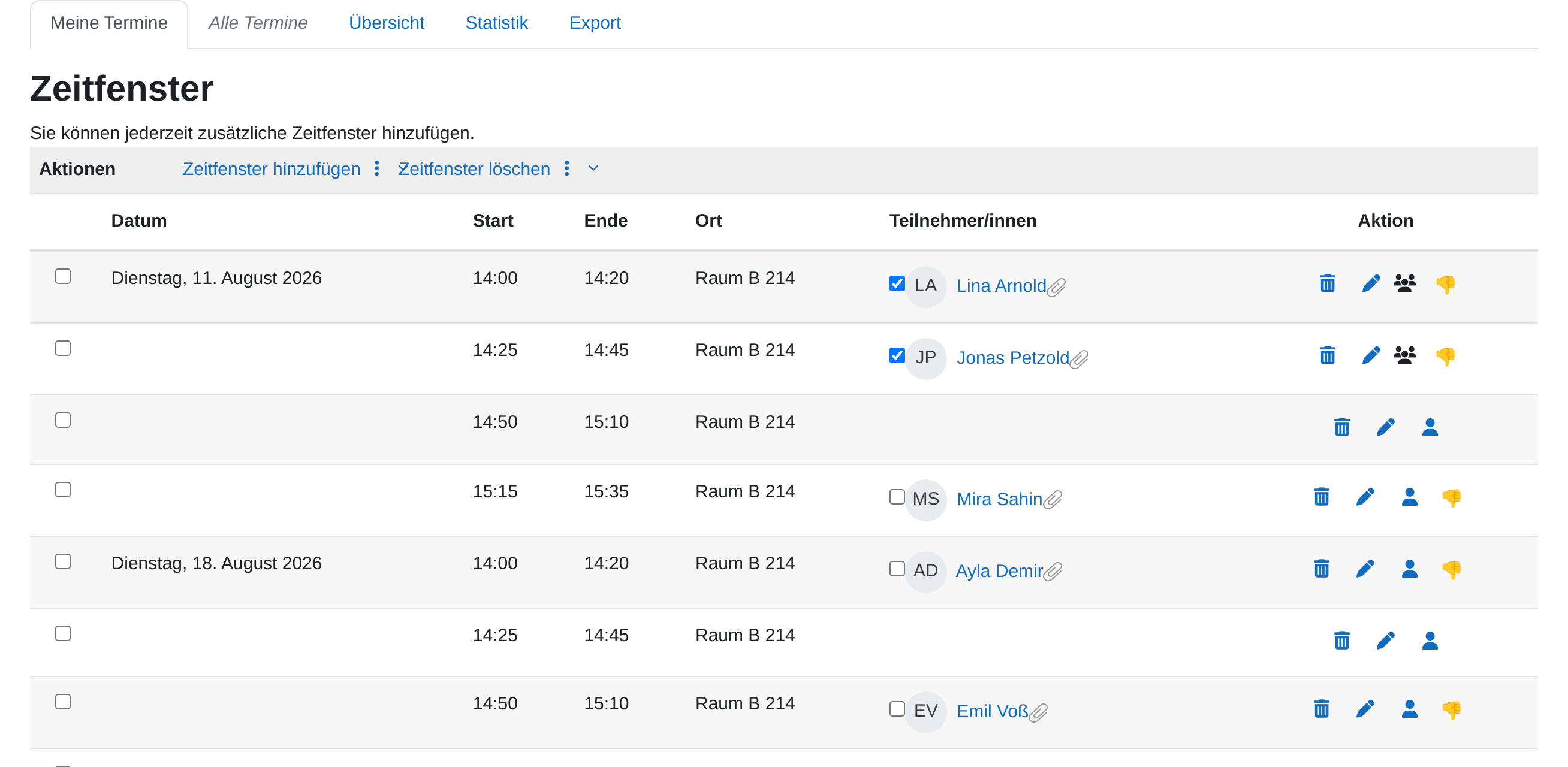 Trainersicht des Planers mit den Reitern Meine Termine, Alle Termine, Übersicht, Statistik und Export; darunter die Zeitfenstertabelle mit Datum, Start, Ende, Ort, Teilnehmer/innen samt Gesehen-Haken und Aktionssymbolen