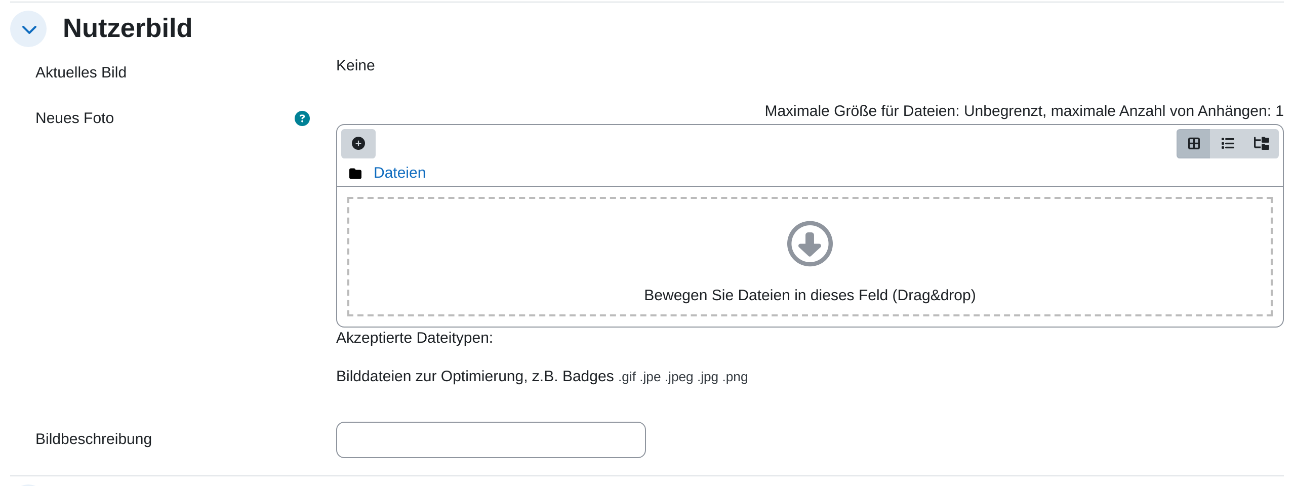 Abschnitt „Nutzerbild“ des Bearbeitungsformulars mit der Zeile „Aktuelles Bild: Keine“, dem Ablagefeld „Neues Foto“ für Drag&drop und dem Feld „Bildbeschreibung“