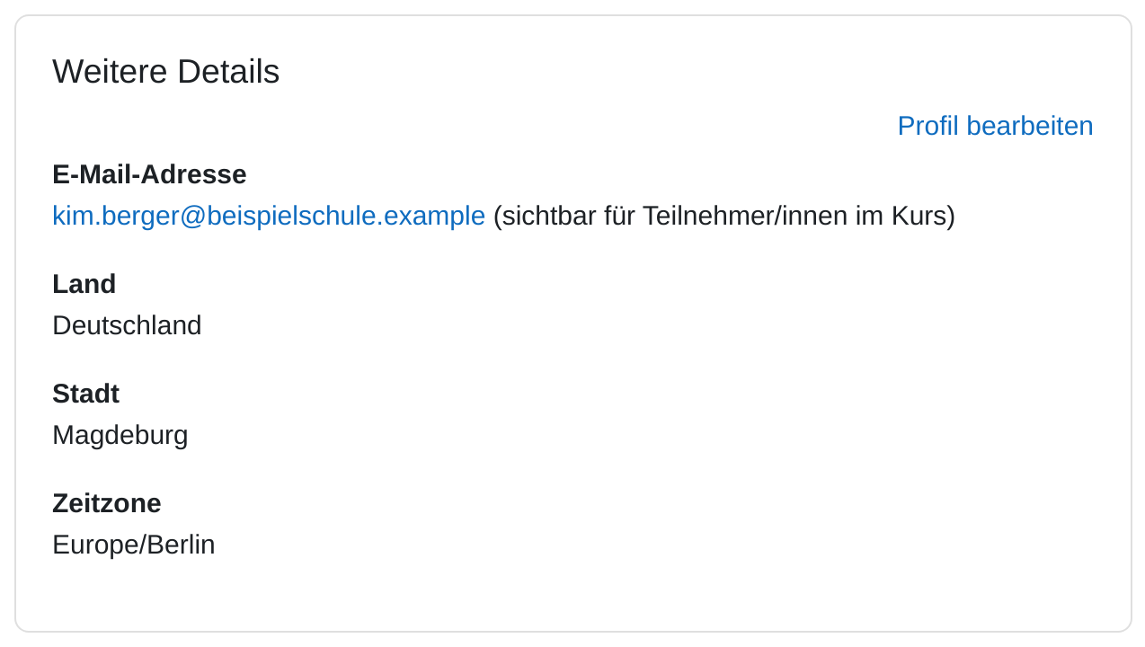 Bereich „Weitere Details“ des eigenen Profils mit dem Link „Profil bearbeiten“ und den Angaben E-Mail-Adresse, Land, Stadt und Zeitzone