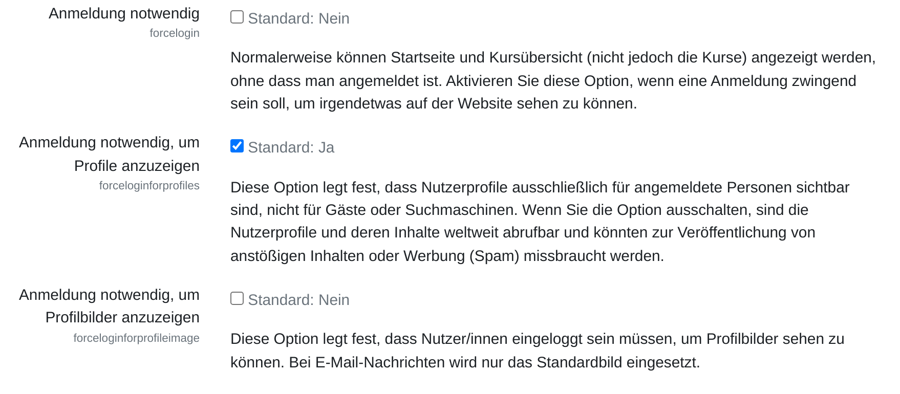 Die drei Einstellungen „Anmeldung notwendig“, „Anmeldung notwendig, um Profile anzuzeigen“ und „Anmeldung notwendig, um Profilbilder anzuzeigen“ mit ihren Kontrollkästchen, dem Vermerk Standard und dem Erklärungstext.