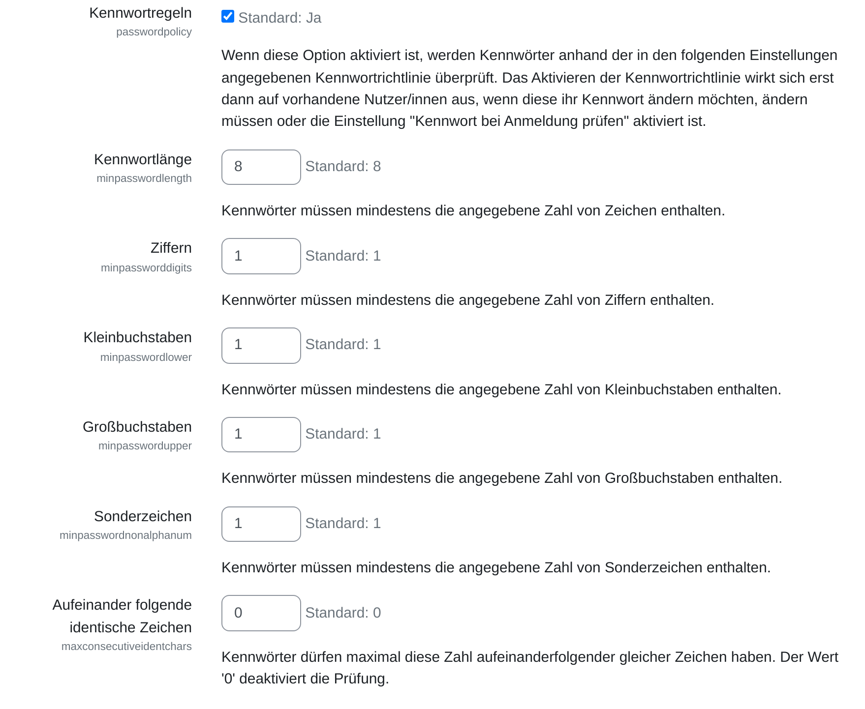 Die sieben Zeilen der Kennwortregeln: der Haken „Kennwortregeln“ und darunter die Zahlenfelder Kennwortlänge, Ziffern, Kleinbuchstaben, Großbuchstaben, Sonderzeichen und Aufeinander folgende identische Zeichen.