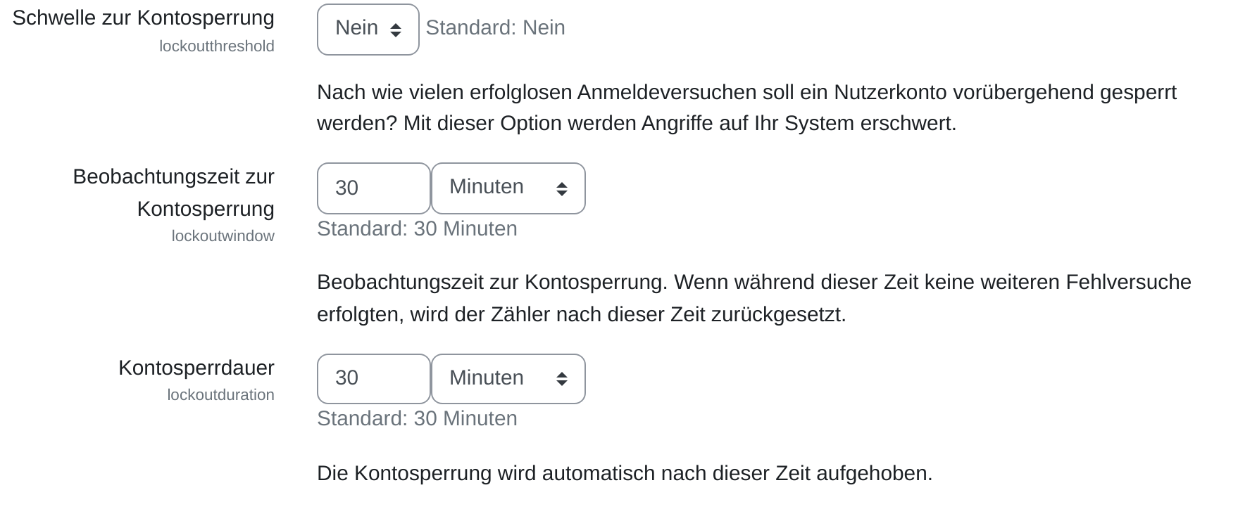 Die drei Einstellungen zur Kontosperrung: „Schwelle zur Kontosperrung“ mit dem Wert Nein, „Beobachtungszeit zur Kontosperrung“ und „Kontosperrdauer“ mit je 30 Minuten.