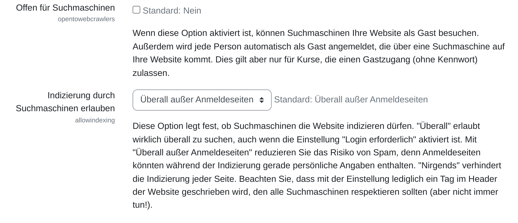 Die Einstellung „Offen für Suchmaschinen“ mit leerem Kontrollkästchen und darunter „Indizierung durch Suchmaschinen erlauben“ mit dem Auswahlfeld Überall außer Anmeldeseiten.