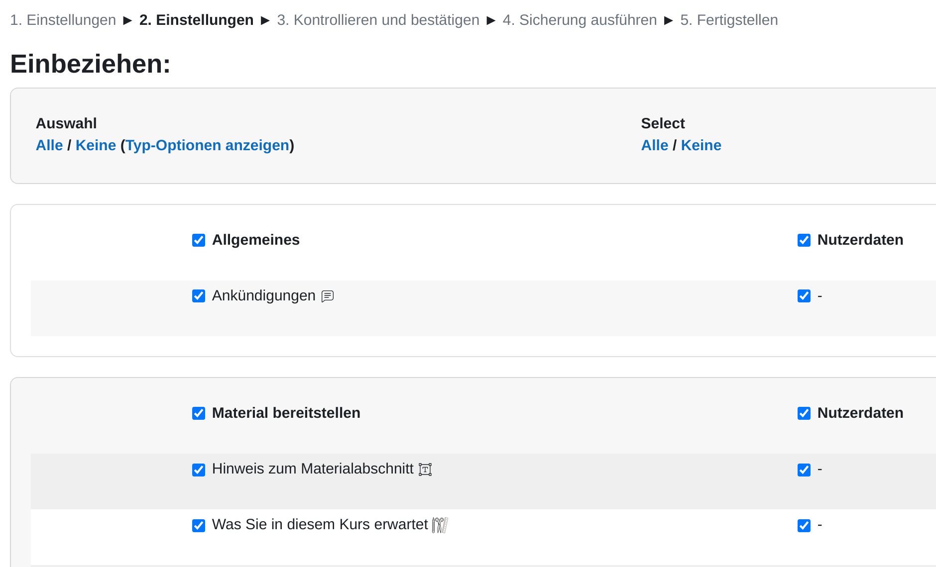 Schritt 2 des Sicherungsassistenten: über der Liste die Schrittleiste von „1. Einstellungen“ bis „5. Fertigstellen“, darunter die Überschrift „Einbeziehen:“ und je Kursabschnitt eine Zeile mit einem Auswahlkästchen und rechts daneben ein zweites Kästchen „Nutzerdaten“