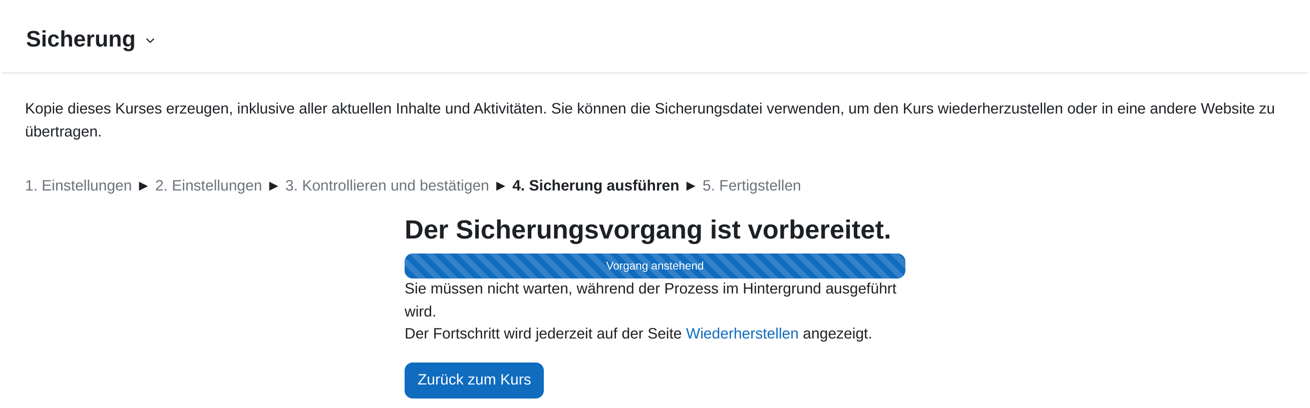 Schritt 4 des Sicherungsassistenten mit der Meldung „Der Sicherungsvorgang ist vorbereitet.“, einem gestreiften Fortschrittsbalken mit der Beschriftung „Vorgang anstehend“, dem Hinweis „Sie müssen nicht warten, während der Prozess im Hintergrund ausgeführt wird.“ und der Schaltfläche „Zurück zum Kurs“
