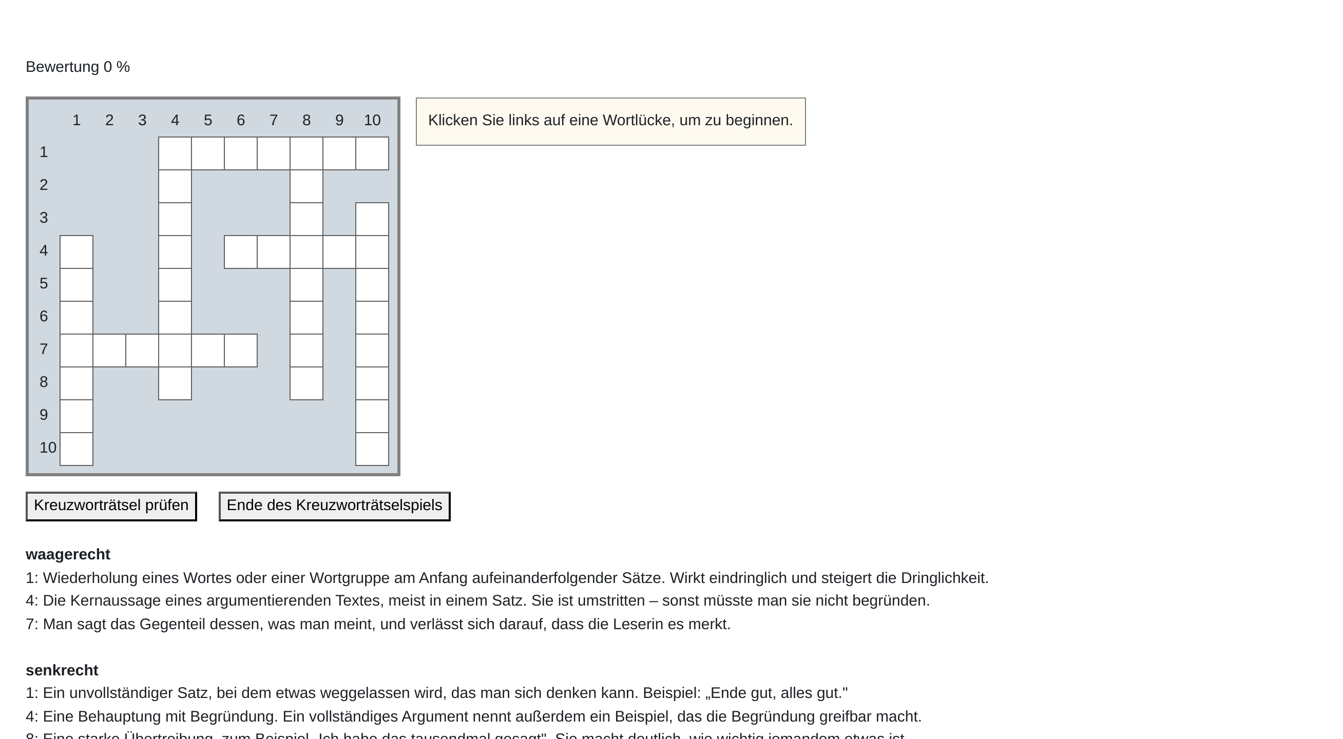 Laufendes Kreuzworträtsel: links das Buchstabengitter mit nummerierten Zeilen und Spalten, rechts der Hinweis „Klicken Sie links auf eine Wortlücke, um zu beginnen.“, darunter die Schaltflächen „Kreuzworträtsel prüfen“ und „Ende des Kreuzworträtselspiels“ sowie die Fragen nach waagerecht und senkrecht getrennt