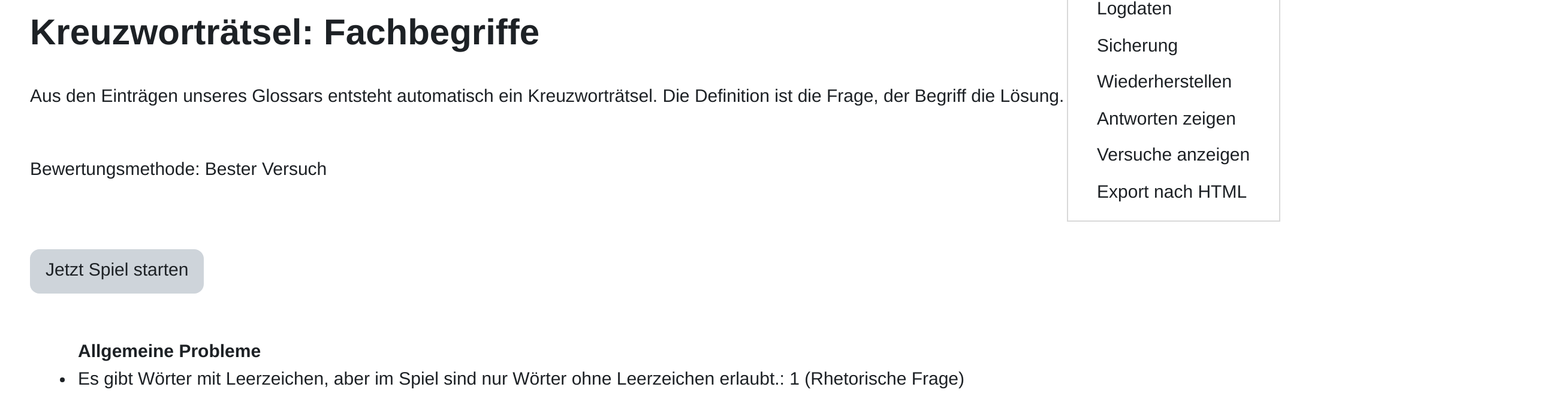 Übersichtsseite eines Spiels aus Sicht der Lehrkraft mit der Schaltfläche „Jetzt Spiel starten“ und dem Abschnitt „Allgemeine Probleme“, der einen Begriff mit Leerzeichen als nicht verwendbar meldet