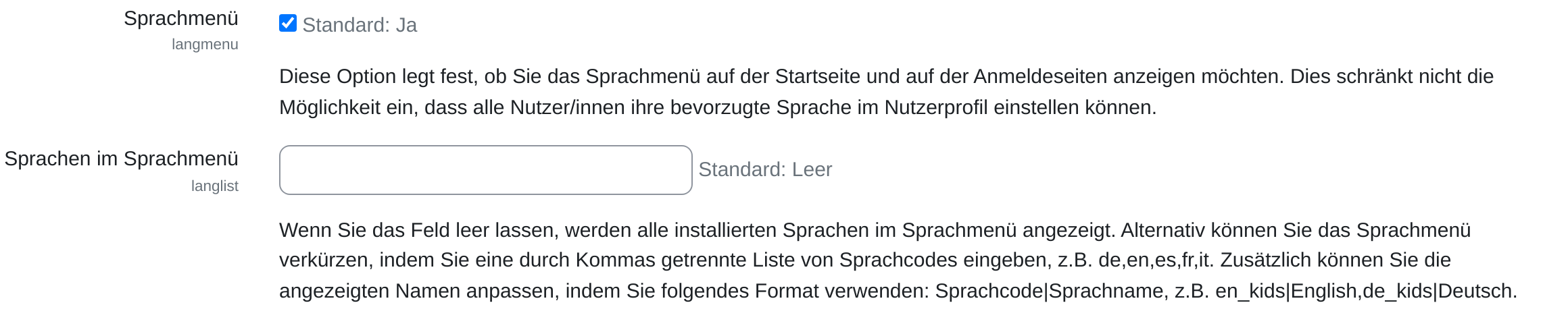 Die beiden Einstellungen „Sprachmenü“ mit gesetztem Haken und „Sprachen im Sprachmenü“ mit leerem Textfeld, jeweils mit ihrem Erklärungstext.