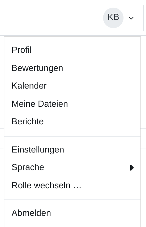 Geöffnetes Nutzermenü rechts oben mit den Einträgen Profil, Bewertungen, Kalender, Meine Dateien, Berichte, Einstellungen, Sprache, Rolle wechseln und Abmelden. Der Eintrag Sprache trägt rechts einen Pfeil für das Untermenü.