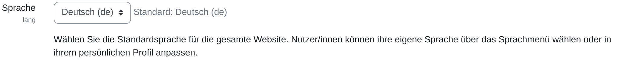 Die Einstellungszeile „Sprache“ mit einem Auswahlfeld, in dem Deutsch (de) steht, daneben der Vermerk Standard: Deutsch (de) und der Erklärungstext.