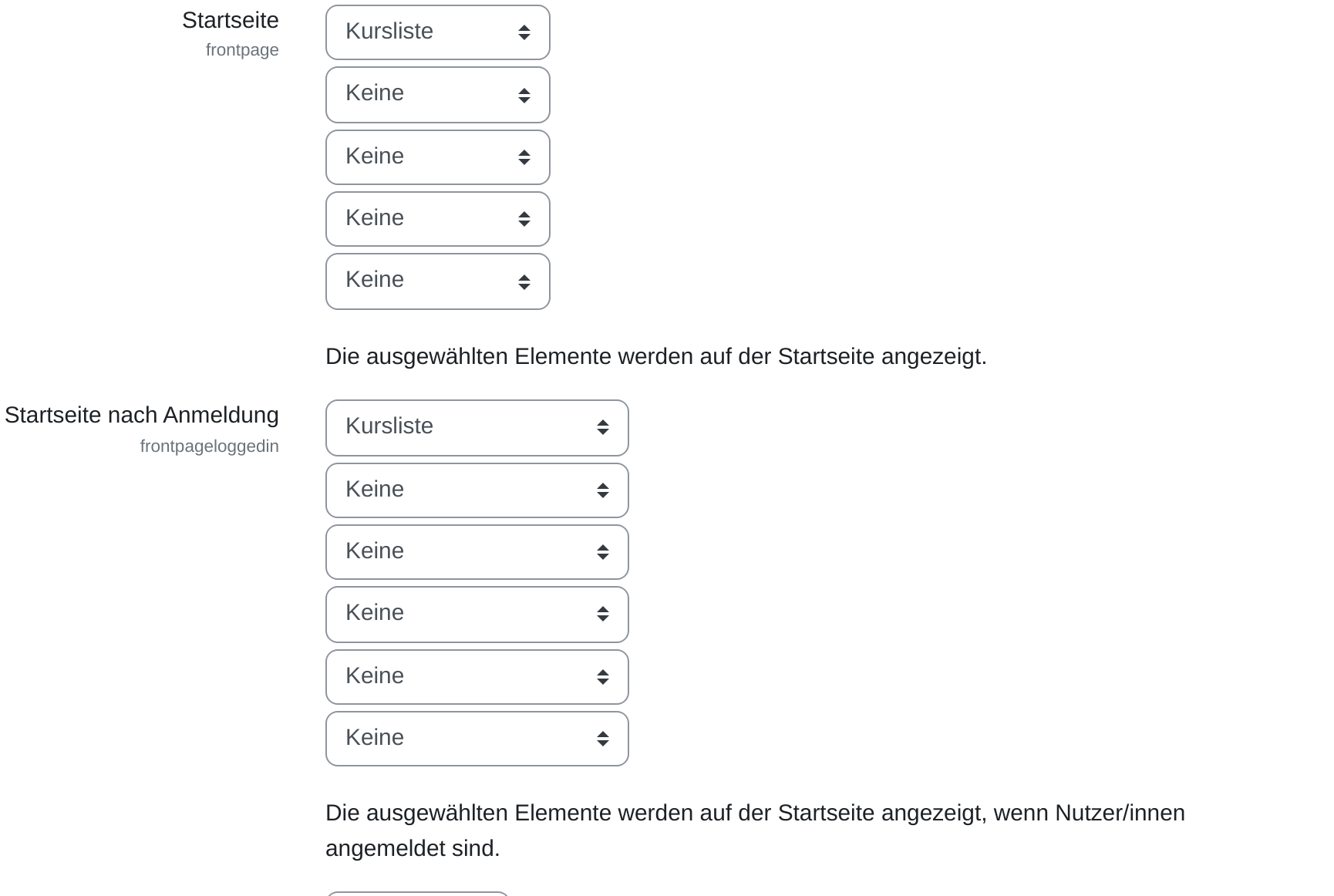 Die Einstellungen „Startseite“ mit fünf und „Startseite nach Anmeldung“ mit sechs untereinander stehenden Auswahlfeldern. Im ersten Feld steht jeweils Kursliste, in allen übrigen Keine.