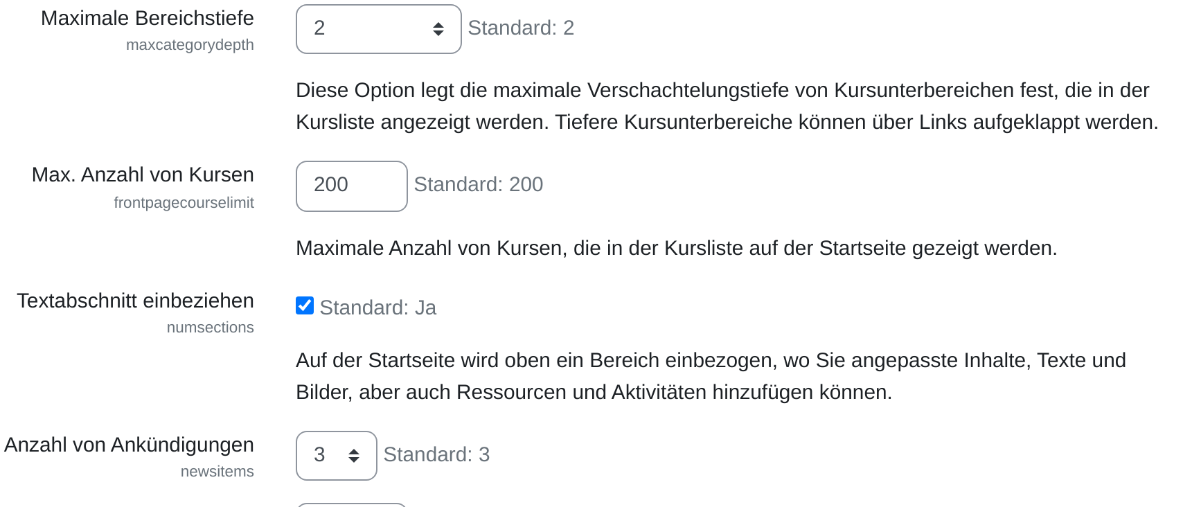 Vier Einstellungszeilen: Maximale Bereichstiefe mit dem Wert 2, Max. Anzahl von Kursen mit 200, der gesetzte Haken Textabschnitt einbeziehen und Anzahl von Ankündigungen mit dem Wert 3.