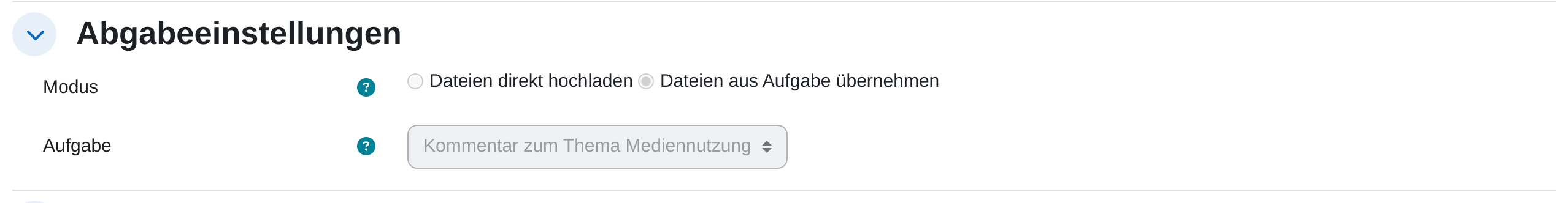 Abschnitt „Abgabeeinstellungen“ mit dem Modus „Dateien aus Aufgabe übernehmen“ und der Auswahlliste für die Aufgabe