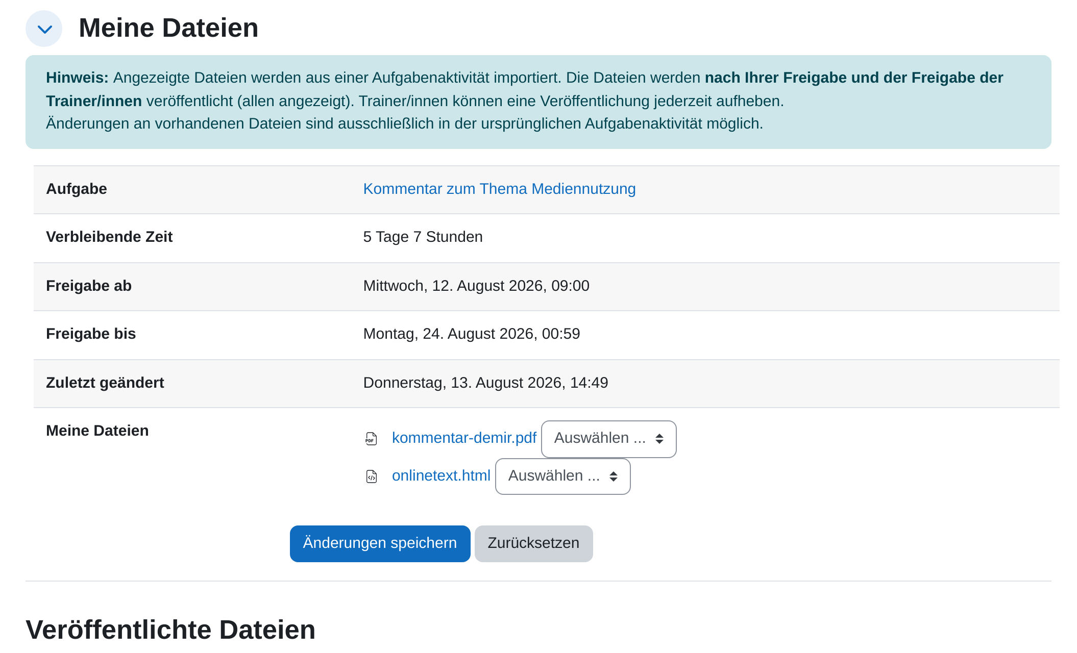Sicht einer teilnehmenden Person mit dem Hinweistext zur Veröffentlichung, den eigenen Dateien und je einem Auswahlfeld zum Freigeben oder Verweigern