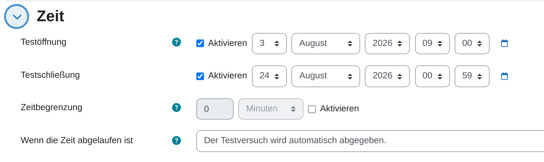 Einstellungsabschnitt „Zeit“ mit den Feldern Testöffnung und Testschließung, jeweils mit Haken bei „Aktivieren“, sowie Zeitbegrenzung und der Einstellung „Wenn die Zeit abgelaufen ist“