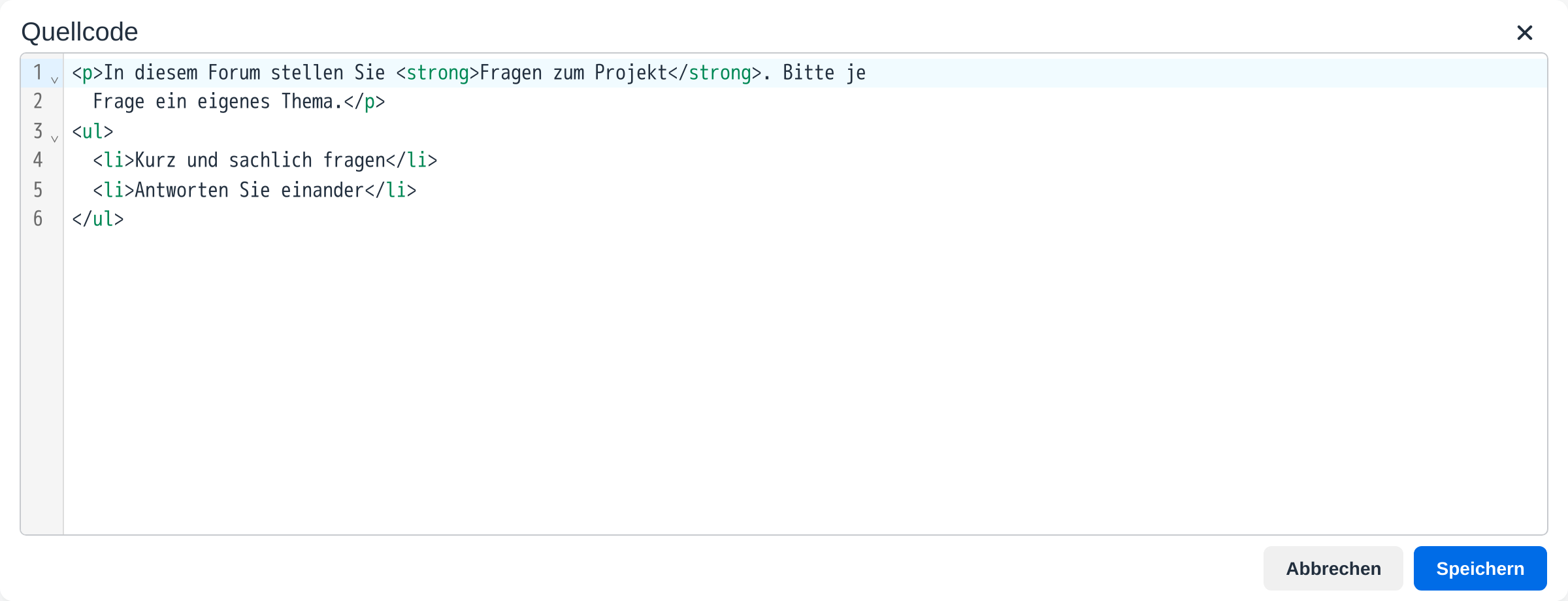 Fenster „Quellcode“ mit dem HTML des Textes, Zeilennummern am linken Rand und den Schaltflächen Abbrechen und Speichern