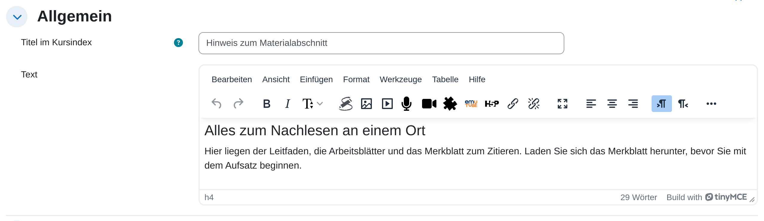 Einstellungsabschnitt „Allgemein“ eines Text- und Medienfelds mit dem Feld „Titel im Kursindex“ und dem Editorfeld Text, in dem eine Überschrift und ein Absatz stehen
