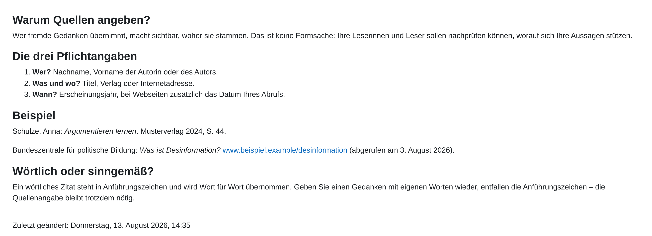 Fertige Textseite aus Sicht einer Teilnehmerin mit mehreren Überschriften, einer nummerierten Liste, kursiven Titeln, einem Link und der Zeile „Zuletzt geändert“ am Fuß