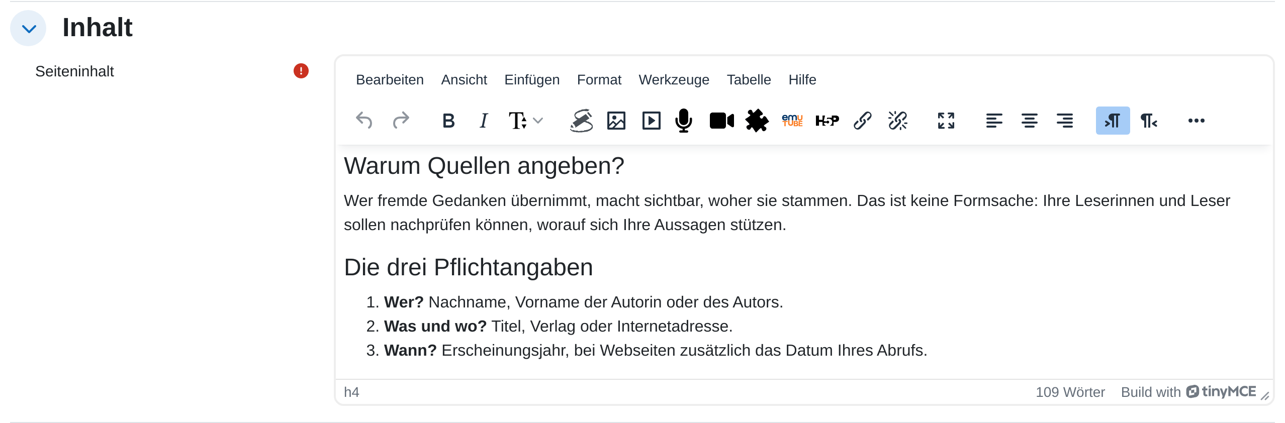 Einstellungsabschnitt „Inhalt“ mit dem Editorfeld Seiteninhalt, in dem eine Überschrift und mehrere Absätze stehen
