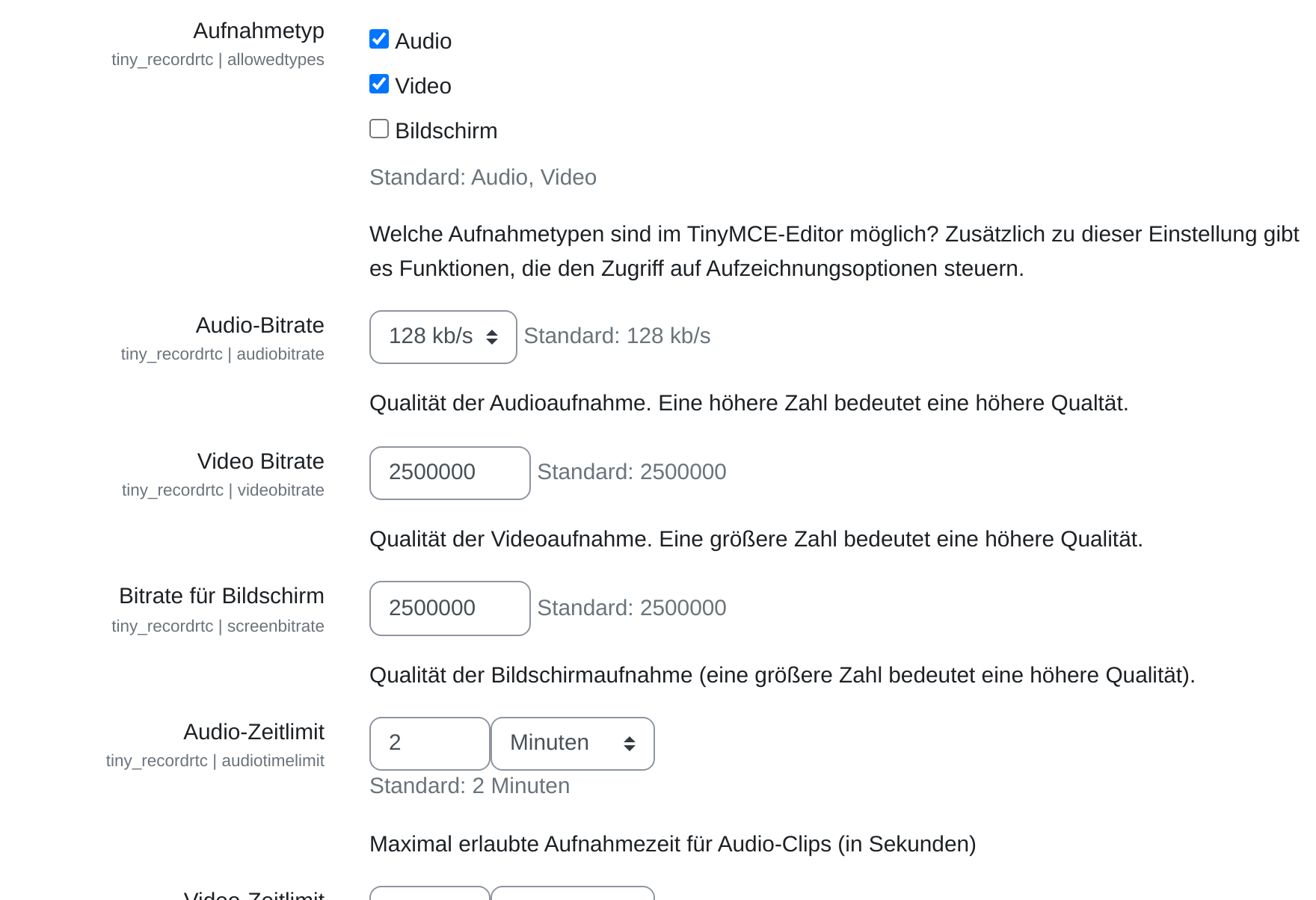 Die Einstellungsseite von RecordRTC: Aufnahmetyp mit den Kästchen Audio, Video und Bildschirm, darunter Audio-Bitrate mit dem Wert 128 kb/s, Video Bitrate und Bitrate für Bildschirm mit je 2500000 und Audio-Zeitlimit mit dem Wert 2 Minuten.