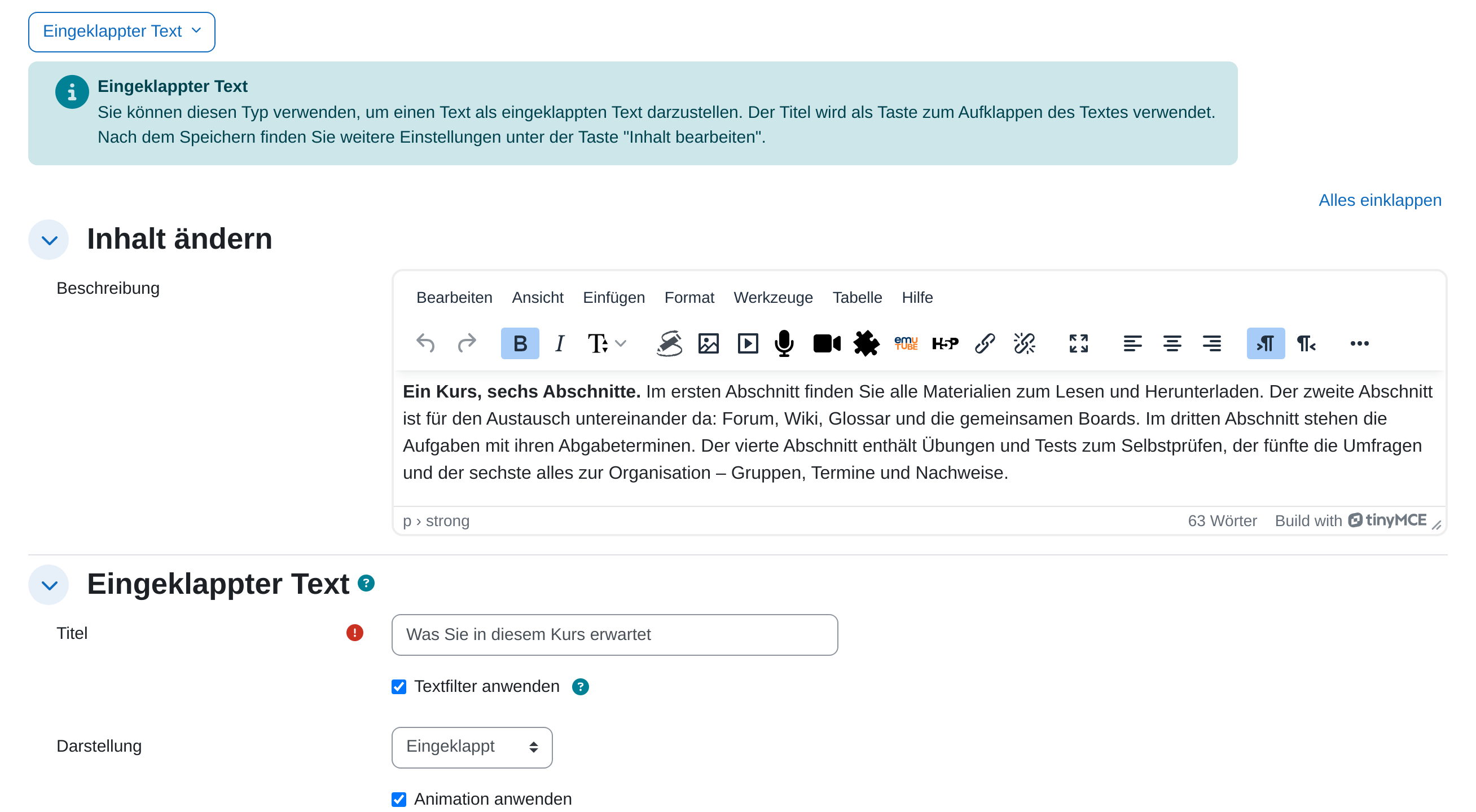 Seite „Inhalt ändern“ eines universellen Textfelds vom Typ „Eingeklappter Text“: oben die Schaltfläche zum Wechseln des Inhaltstyps, darunter der Abschnitt „Inhalt ändern“ mit dem Editorfeld Beschreibung und der Abschnitt „Eingeklappter Text“ mit den Feldern Titel, Textfilter anwenden, Darstellung und Animation anwenden