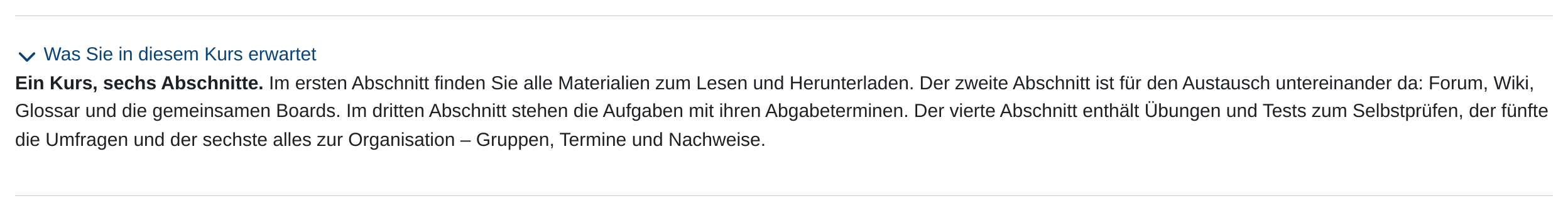 Ein universelles Textfeld vom Typ „Eingeklappter Text“ auf der Kursseite, aufgeklappt: der Titel als Schalter mit Pfeilsymbol und darunter der Text