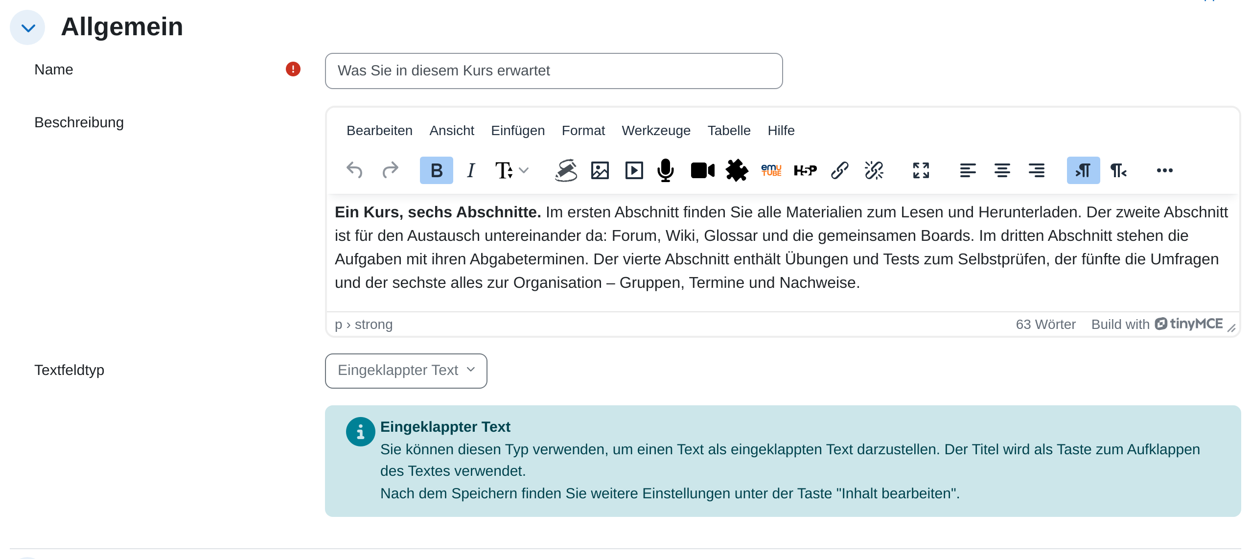 Einstellungsabschnitt „Allgemein“ eines universellen Textfelds mit dem Pflichtfeld Name, dem Editorfeld Beschreibung, dem Auswahlfeld Textfeldtyp auf „Eingeklappter Text“ und der Erläuterung, die zu diesem Typ daneben erscheint