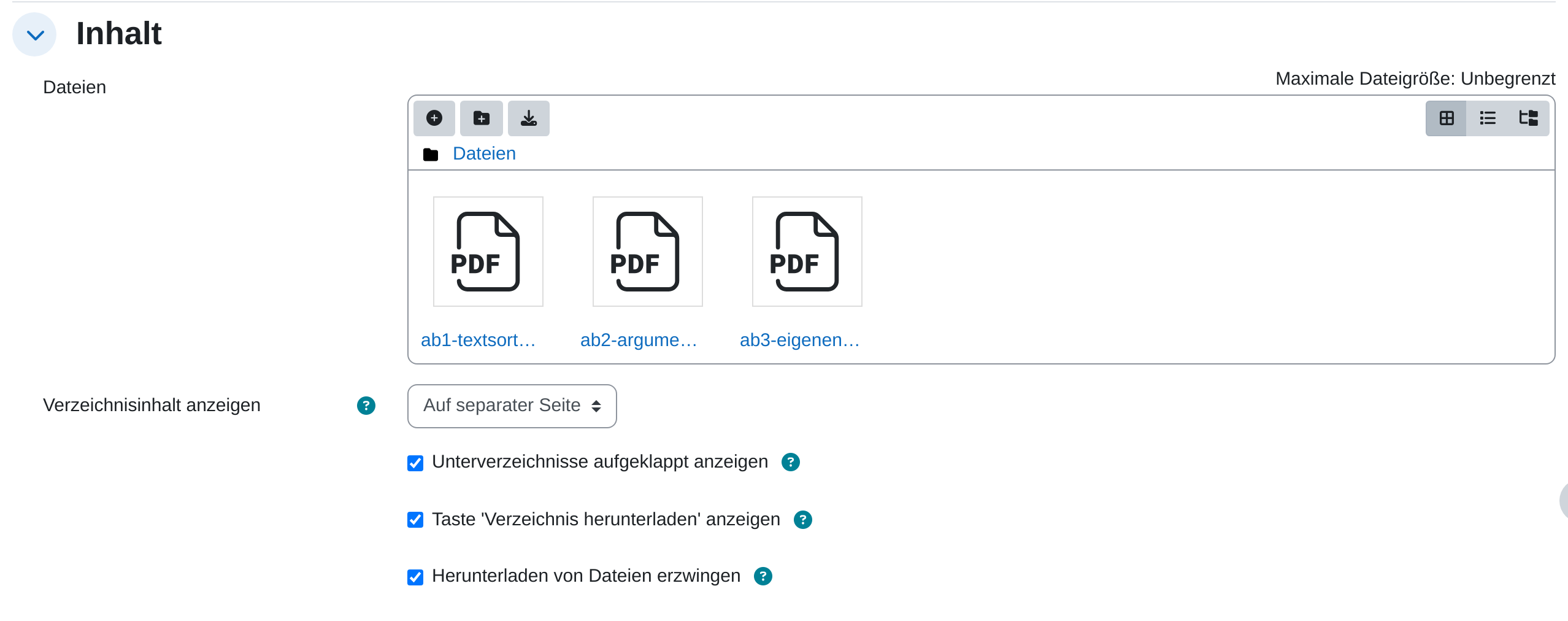 Abschnitt „Inhalt“ des Formulars mit dem Dateibereich, drei PDF-Dateien darin und den Feldern Verzeichnisinhalt anzeigen, Unterverzeichnisse aufgeklappt anzeigen, Taste „Verzeichnis herunterladen“ anzeigen und Herunterladen von Dateien erzwingen