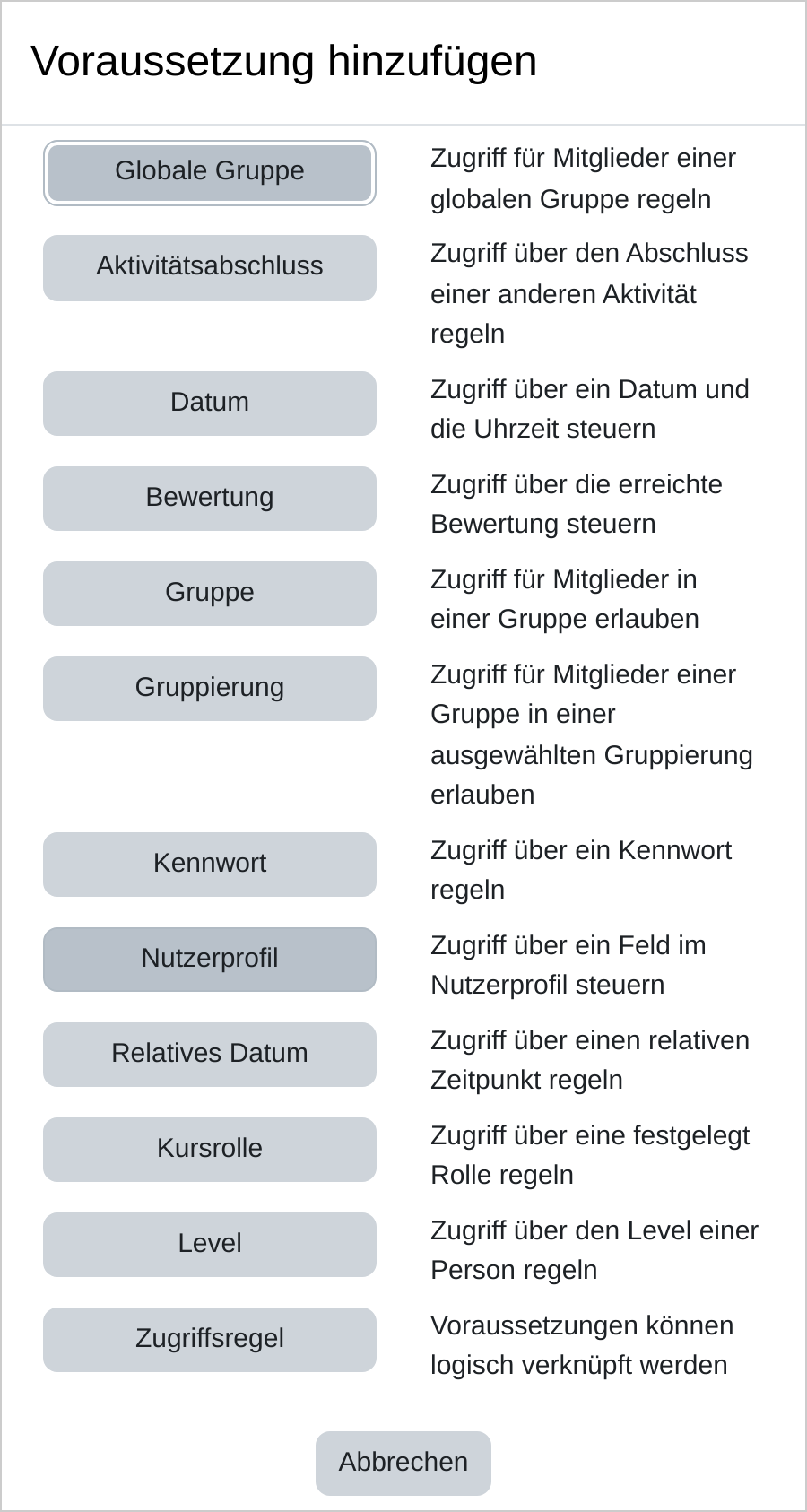 Fenster „Voraussetzung hinzufügen“ mit den untereinander stehenden Schaltflächen Globale Gruppe, Aktivitätsabschluss, Datum, Bewertung, Gruppe, Gruppierung, Kennwort, Nutzerprofil, Relatives Datum, Kursrolle, Level und Zugriffsregel, jeweils mit einer kurzen Erklärung daneben