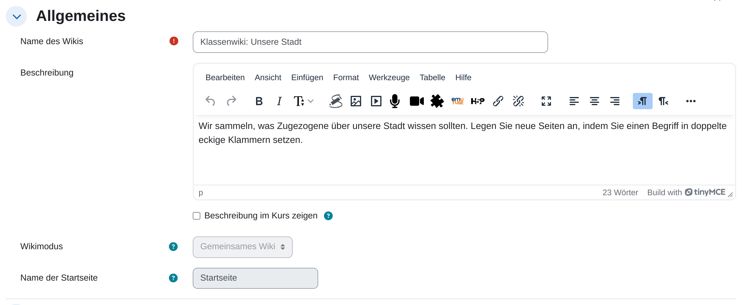 Einstellungsabschnitt „Allgemeines“ eines Wikis mit „Name des Wikis“, Beschreibung sowie den ausgegrauten Feldern Wikimodus auf „Gemeinsames Wiki“ und „Name der Startseite“ mit dem Wert Startseite