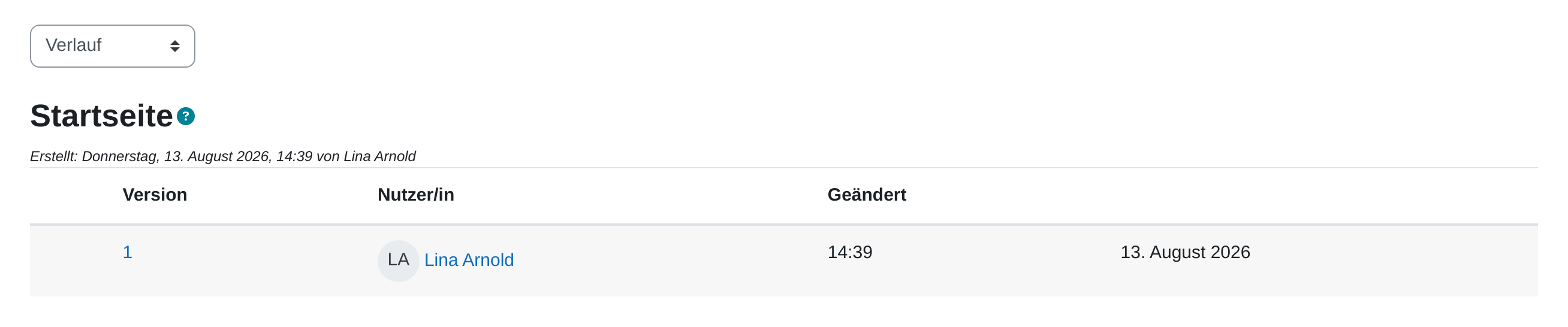 Reiter „Verlauf“ einer Wikiseite mit der Zeile „Erstellt“ samt Datum und Name sowie einer Tabelle aus den Spalten Version, Nutzer/in und Geändert