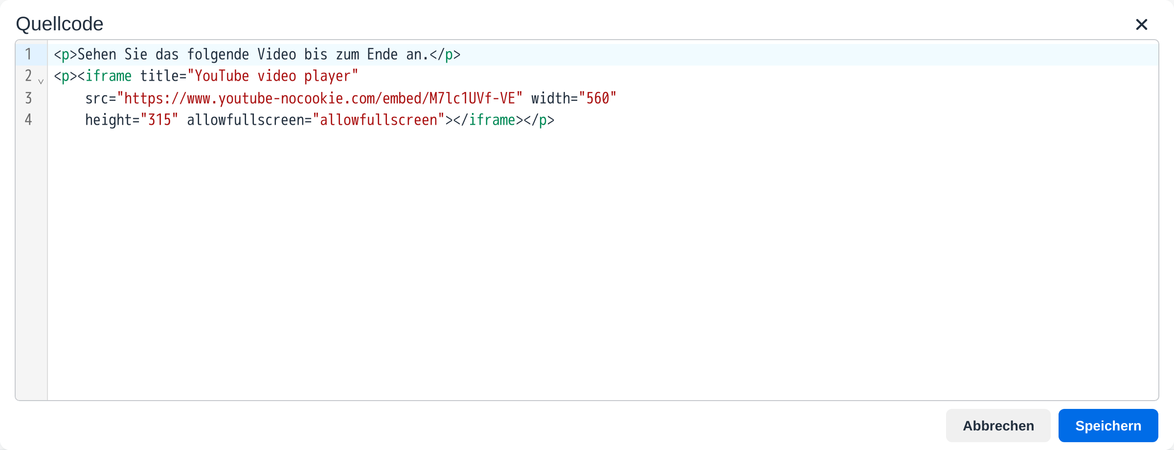 Fenster „Quellcode“ mit vier nummerierten Zeilen HTML: einem Absatz mit Arbeitsauftrag und einem iframe, dessen src auf youtube-nocookie.com verweist