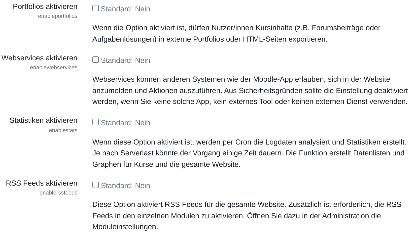Vier Einstellungszeilen mit leeren Kontrollkästchen: Portfolios aktivieren, Webservices aktivieren, Statistiken aktivieren und RSS Feeds aktivieren.