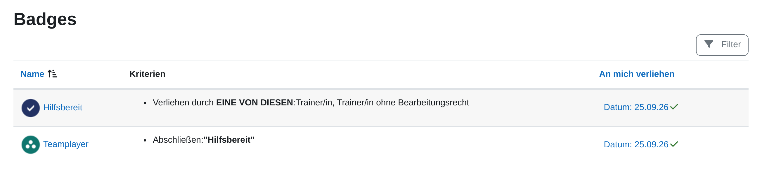 Liste „Badges“ aus Sicht einer Teilnehmerin mit den Spalten Name, Kriterien und „An mich verliehen“: die Badges „Hilfsbereit“ und „Teamplayer“, beide mit „Datum: 25.09.26“ und einem grünen Haken. Der nicht aktivierte Badge „Kurs abgeschlossen“ fehlt