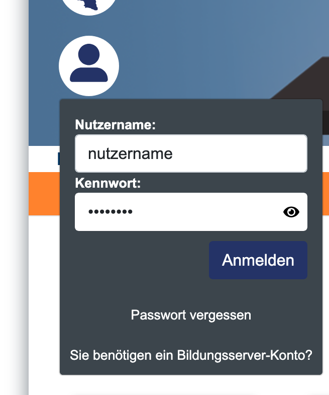 Symbol „Anmeldung“ und geöffnetes Anmeldeformular mit den Feldern „Nutzername“ und „Kennwort“