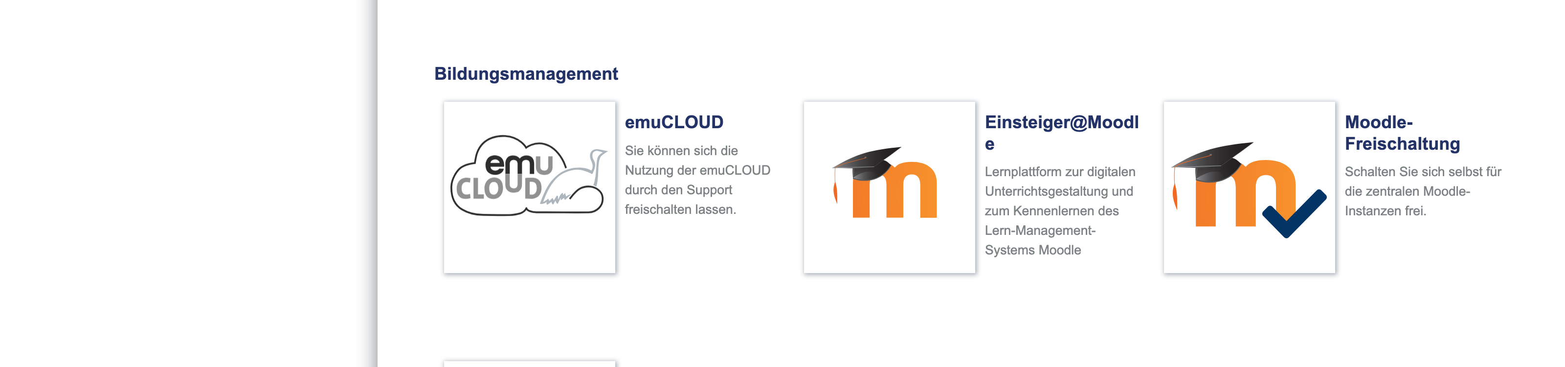 Kacheln „emuCLOUD“, „Einsteiger@Moodle“ und „Moodle-Freischaltung“ auf der Seite „Digitale Dienste“ des Bildungsservers
