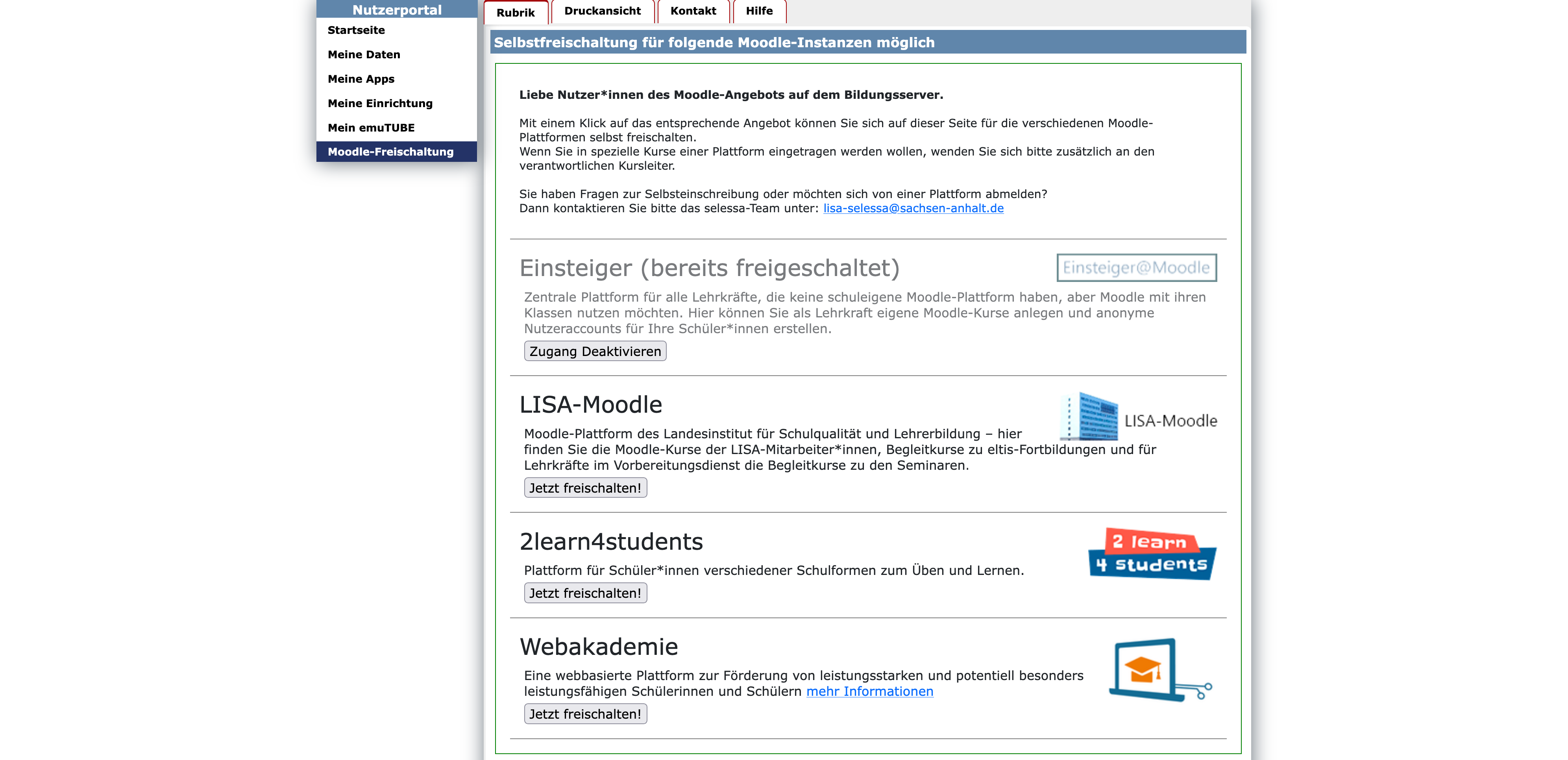 Menü „Moodle-Freischaltung“ mit der Liste der Plattformen Einsteiger@Moodle, LISA-Moodle, 2learn4students und Webakademie, jeweils mit Beschreibung und Schaltfläche „Jetzt freischalten!“