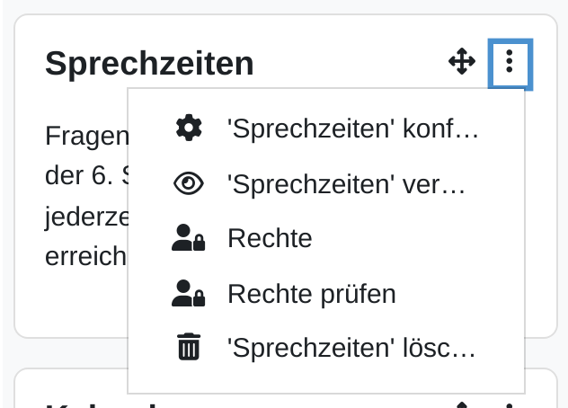 Der Textblock „Sprechzeiten“ im Bearbeiten-Modus mit dem Kreuz zum Verschieben und dem geöffneten Drei-Punkte-Menü. Es enthält die Einträge „Sprechzeiten konfigurieren“, „Sprechzeiten verbergen“, „Rechte“, „Rechte prüfen“ und „Sprechzeiten löschen“, die beiden ersten und der letzte abgeschnitten