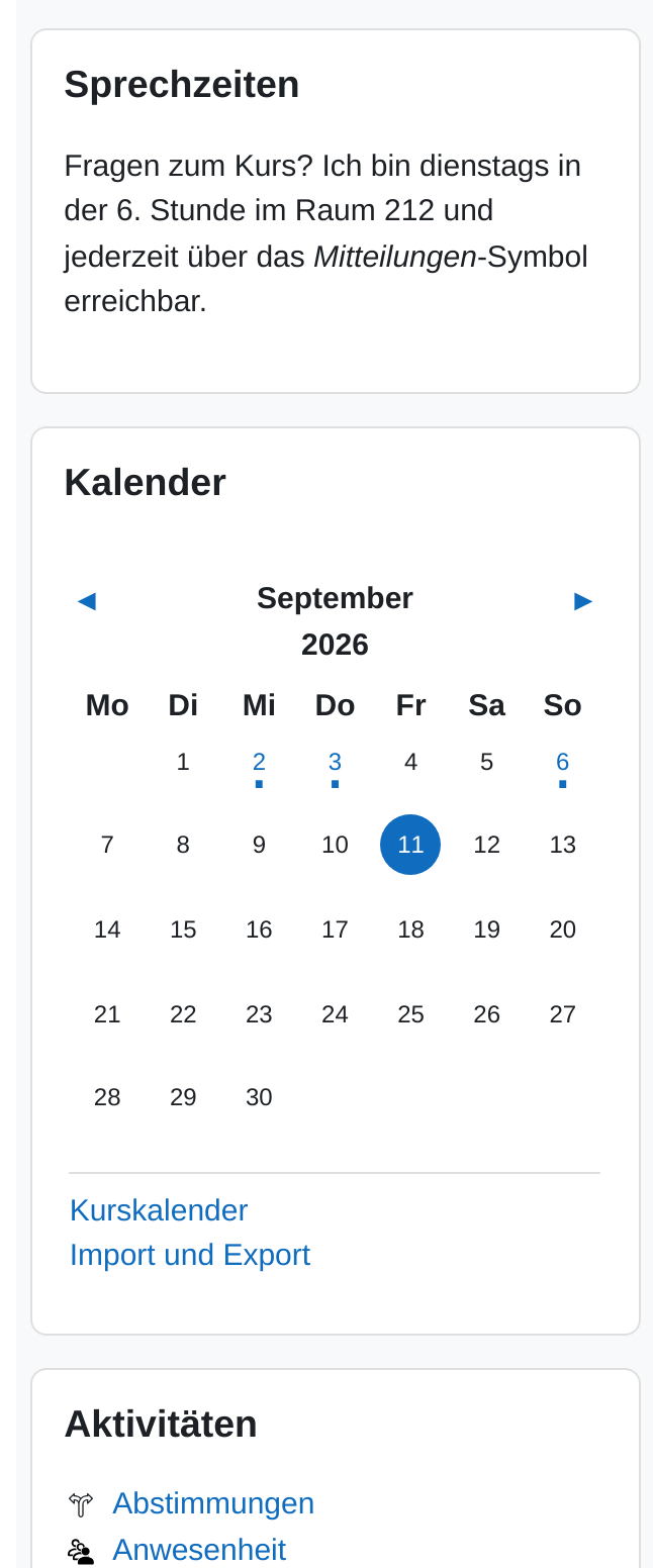 Die geöffnete Blockleiste eines Kurses mit drei Blöcken untereinander: ein Textblock „Sprechzeiten“ mit einem kurzen Hinweis, darunter der Block „Kalender“ mit dem Monatsblatt September 2026 und darunter der Beginn des Blocks „Aktivitäten“
