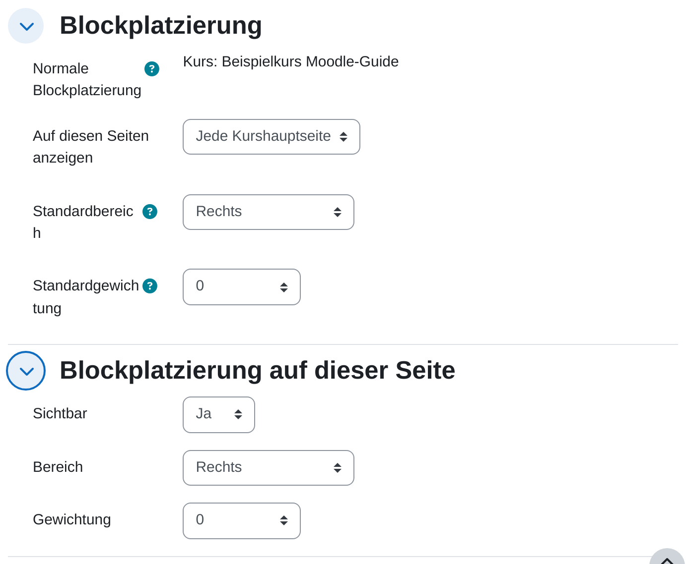 Die Formularabschnitte „Blockplatzierung“ mit „Normale Blockplatzierung“ auf „Kurs: Beispielkurs Moodle-Guide“, „Auf diesen Seiten anzeigen“ auf „Jede Kurshauptseite“, „Standardbereich“ auf „Rechts“ und „Standardgewichtung“ auf 0, darunter „Blockplatzierung auf dieser Seite“ mit „Sichtbar“, „Bereich“ und „Gewichtung“