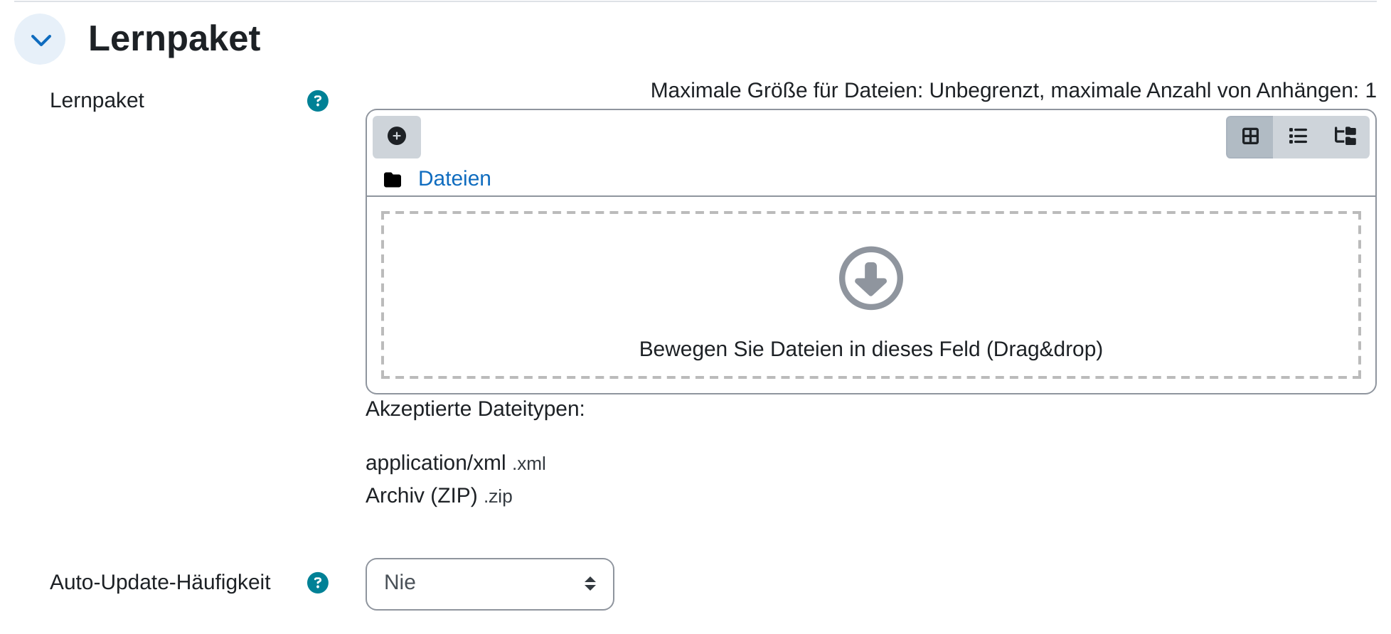 Aufgeklappter Formularabschnitt „Lernpaket“ mit dem leeren Dateifeld, dem Pluszeichen „Datei hinzufügen“, dem Hinweis auf die zulässige Dateigröße, den akzeptierten Dateitypen .xml und .zip und darunter dem Feld „Auto-Update-Häufigkeit“