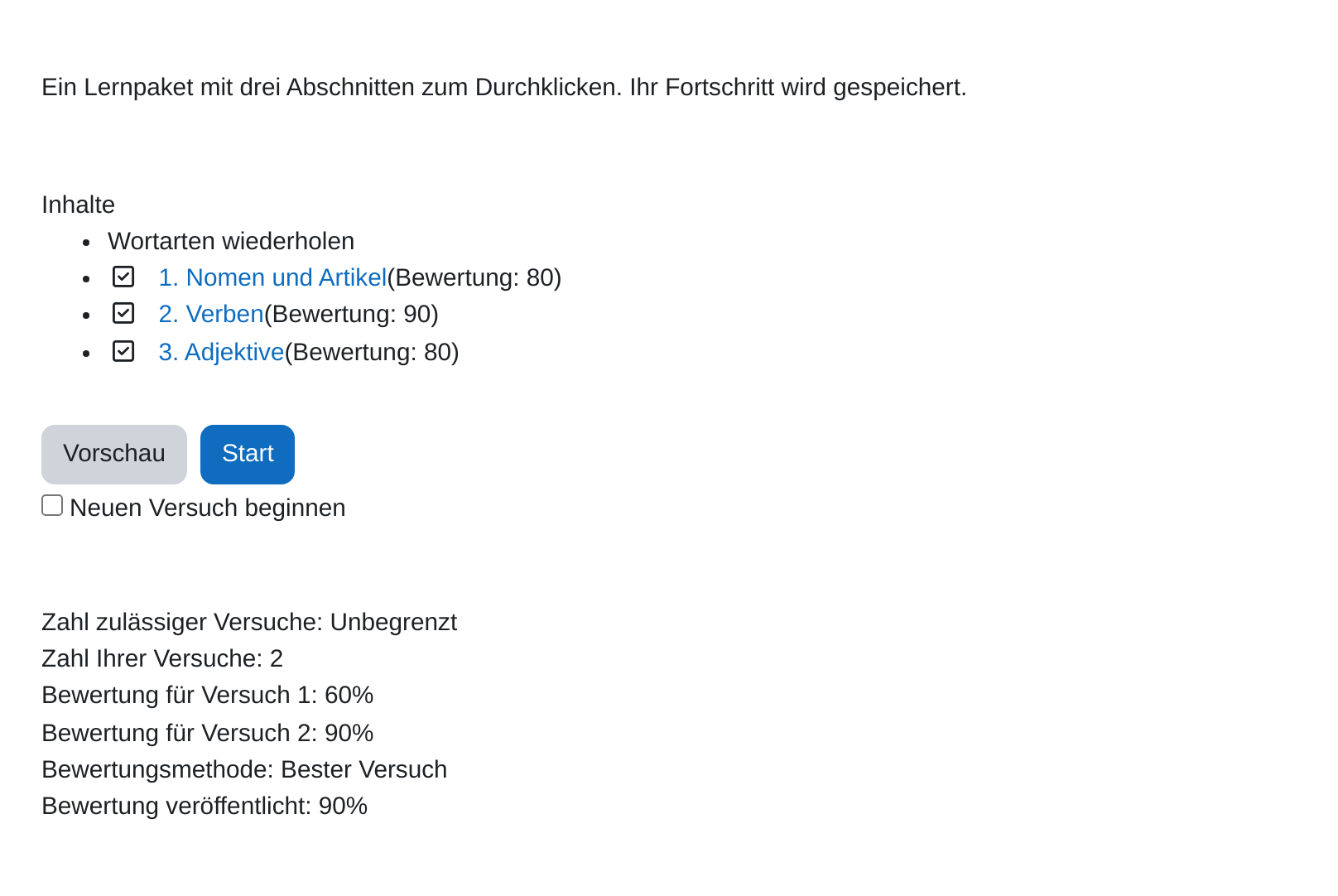 Einstiegsseite eines Lernpakets aus Sicht einer Teilnehmerin: Beschreibung, unter „Inhalte“ drei abgehakte Lernobjekte mit ihren Punktzahlen, die Schaltflächen „Vorschau“ und „Start“, das Kästchen „Neuen Versuch beginnen“ und die Zusammenfassung mit zwei Versuchen