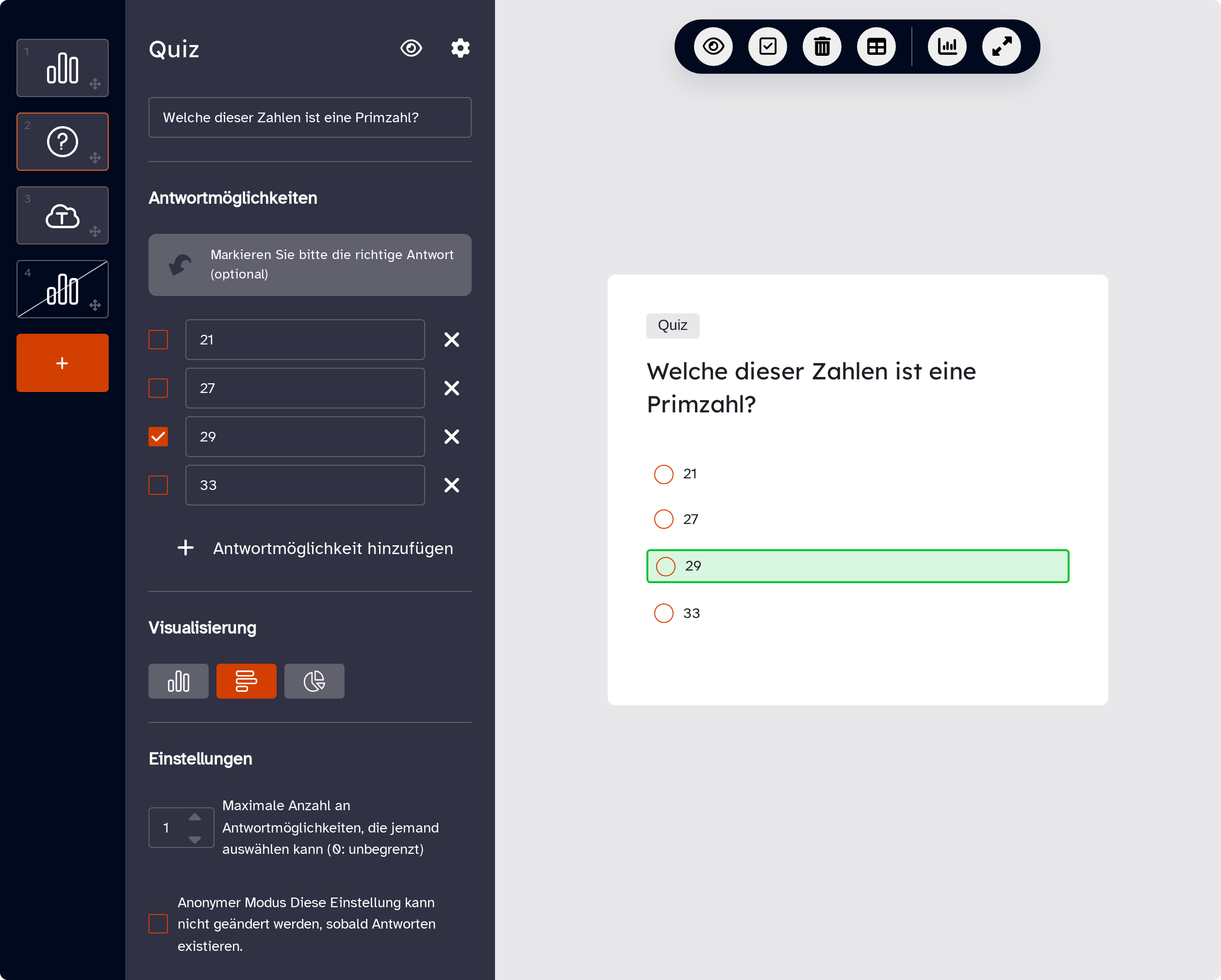 Mootimeter im Bearbeiten-Modus: links die Fragenleiste mit vier Kacheln, die vierte schräg durchgestrichen, darunter das orange Pluszeichen. Daneben die Einstellungsspalte eines Quiz mit dem Fragefeld „Welche dieser Zahlen ist eine Primzahl?“, vier Antwortmöglichkeiten mit angehakter 29, den drei Knöpfen unter „Visualisierung“ und den Feldern unter „Einstellungen“. Rechts die Symbolleiste und die Vorschau der Frage mit grün markierter 29