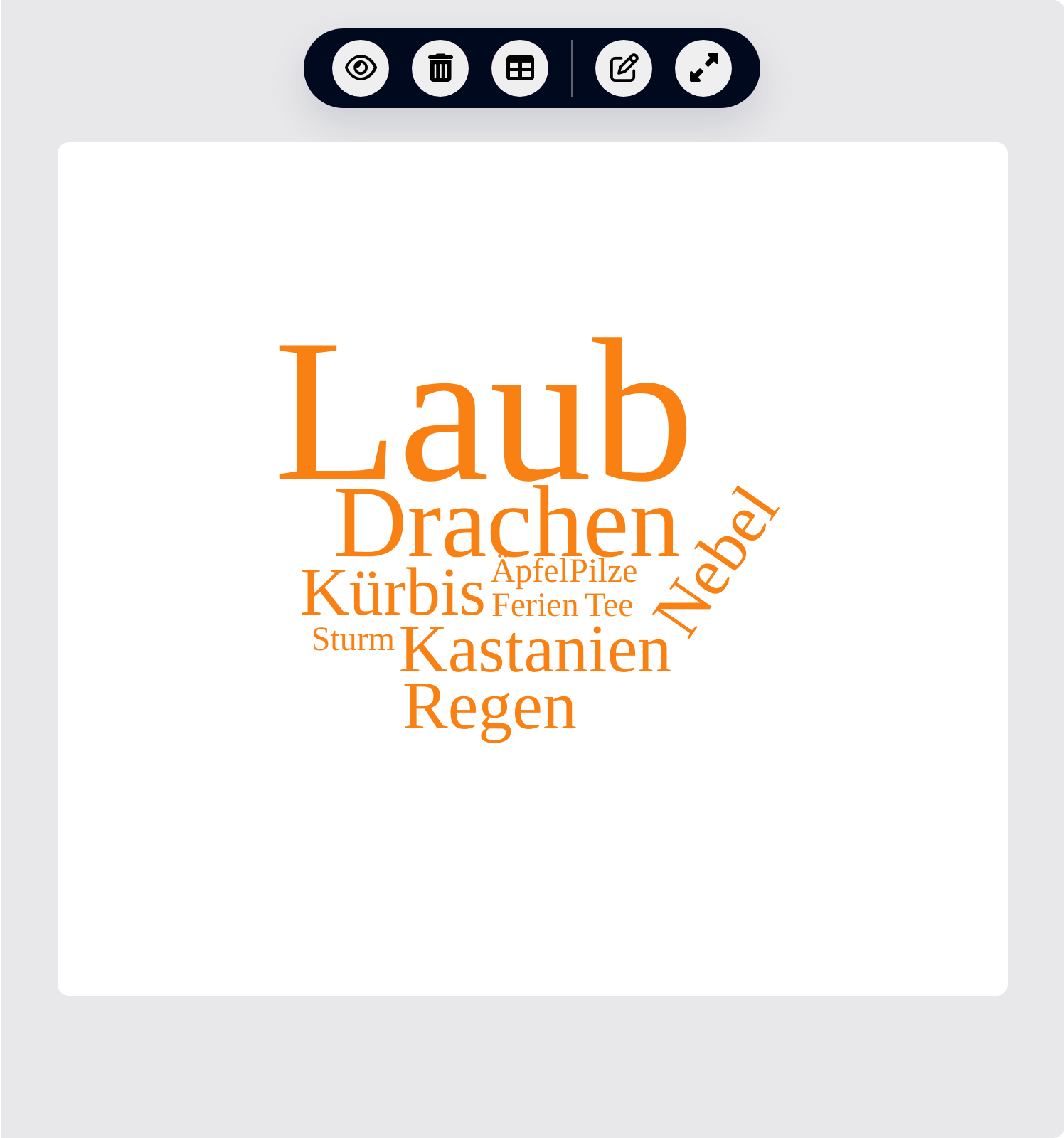 Ergebnis einer Wortwolke zum Stichwort Herbst: „Laub“ in größter Schrift, darum kleiner „Drachen“, „Kastanien“, „Kürbis“, „Nebel“, „Regen“ und weitere Begriffe, darüber die Symbolleiste