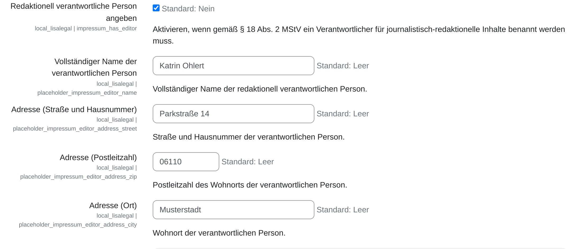 Formularzeilen mit gesetztem Haken „Redaktionell verantwortliche Person angeben“ und den vier darunter eingeblendeten Feldern für Name, Straße, Postleitzahl und Ort.