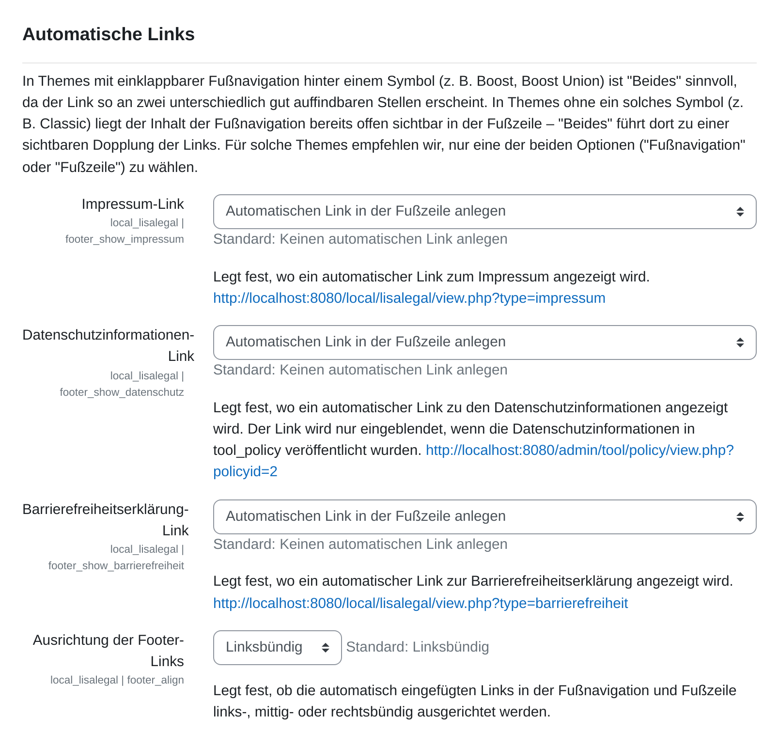 Abschnitt „Automatische Links“ mit den drei Auswahlfeldern Impressum-Link, Datenschutzinformationen-Link und Barrierefreiheitserklärung-Link, alle auf „Automatischen Link in der Fußzeile anlegen“, darunter das Feld „Ausrichtung der Footer-Links“ auf „Linksbündig“.