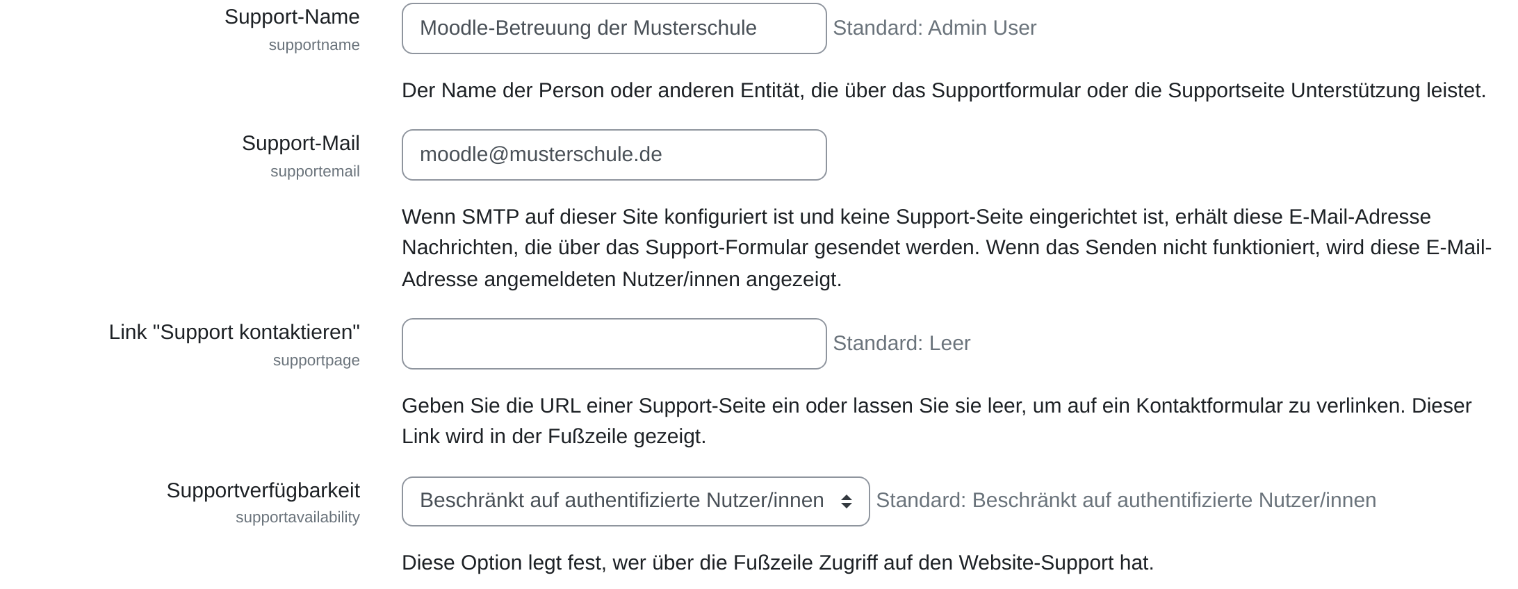 Einstellungsseite „Supportanfragen“ mit den Feldern Support-Name (ausgefüllt mit „Moodle-Betreuung der Musterschule“), Support-Mail (ausgefüllt mit „moodle@musterschule.de“), dem leeren Feld Link „Support kontaktieren“ und der Auswahl Supportverfügbarkeit auf „Beschränkt auf authentifizierte Nutzer/innen“.