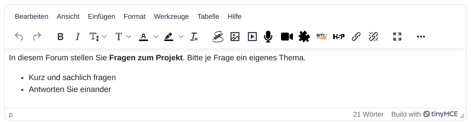 Texteditor TinyMCE mit der Menüleiste Bearbeiten, Ansicht, Einfügen, Format, Werkzeuge, Tabelle und Hilfe, darunter die Werkzeugleiste mit Symbolen und das Eingabefeld mit einem Beispieltext